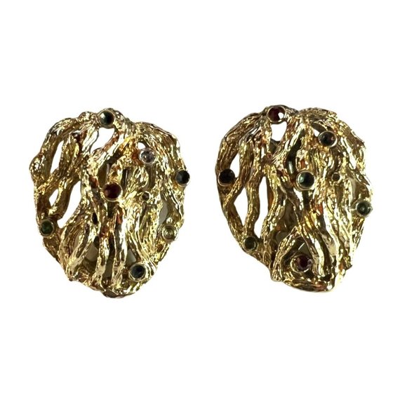 Vintage Coro Gold Tone Rhinestones Nugget Clip On Earrings - Picture 4 of 12